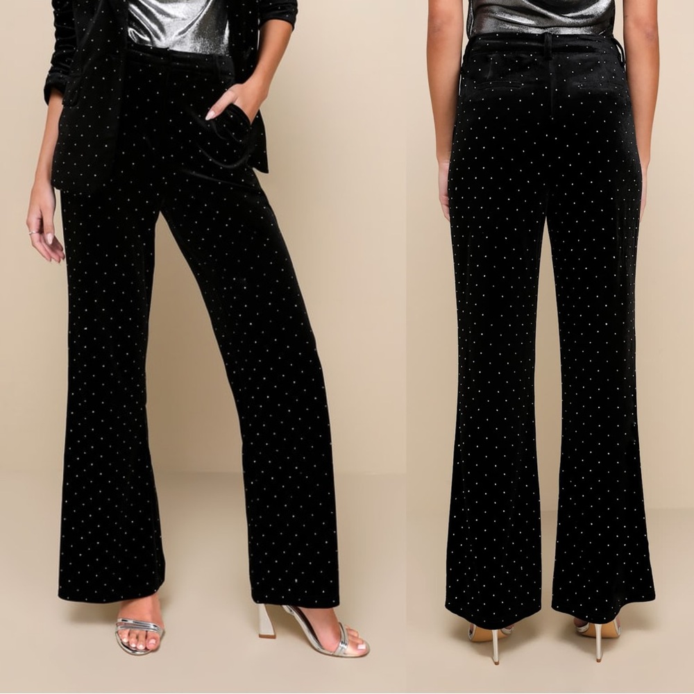 NWOT Lulus Glamorous Statement Black Velvet Studded Wide-Leg